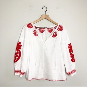 Madewell Red/ White Embroidered Peasant Blouse
